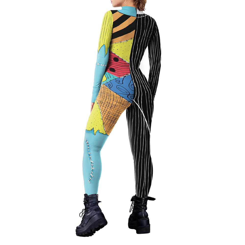 ZAWALAND Halloween Nightmare Sally Printed Cosplay Costume Girls Women Jumpsuit Christmas Cosplay Party Zenti Bodysuit Oufits