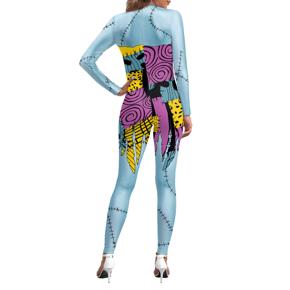 ZAWALAND Halloween Nightmare Sally Printed Cosplay Costume Girls Women Jumpsuit Christmas Cosplay Party Zenti Bodysuit Oufits