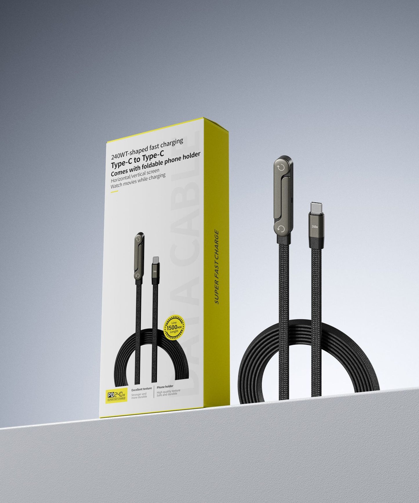 Cable de datos con soporte plegable de carga rápida 2 en 1 Cable de datos Soporte plegable para teléfono/tableta Tipo C a Tipo C USB-A a Tipo C