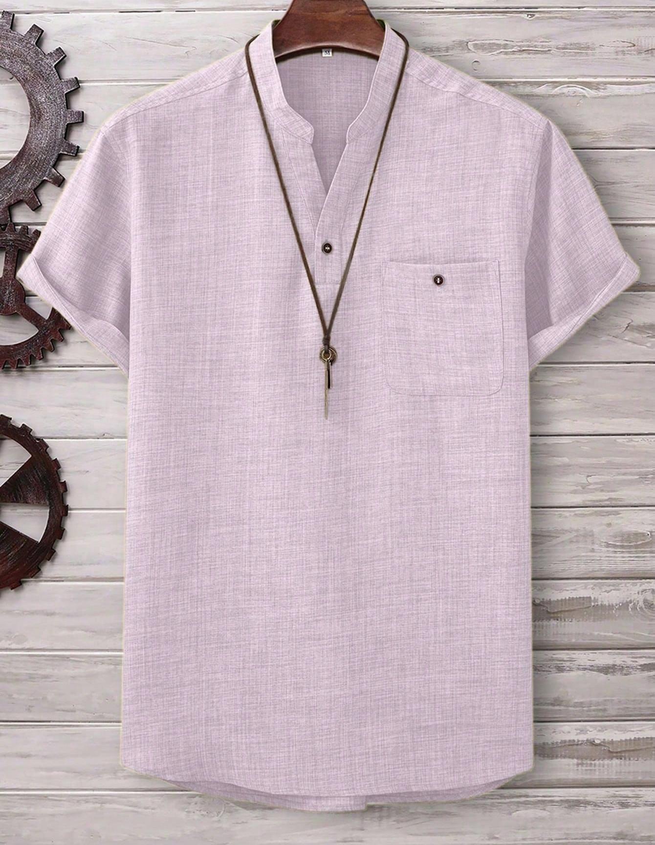 Camisa de manga corta de color liso con cuello vuelto para hombre