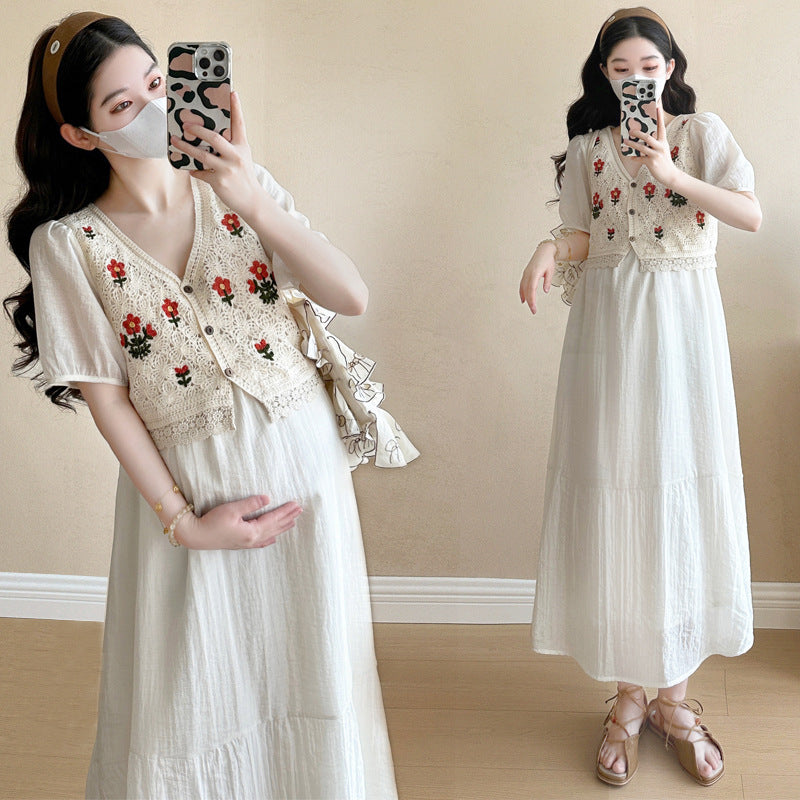 Elegante Vestido de Maternidad de Dos Piezas Falsas con Chaleco de Ganchillo