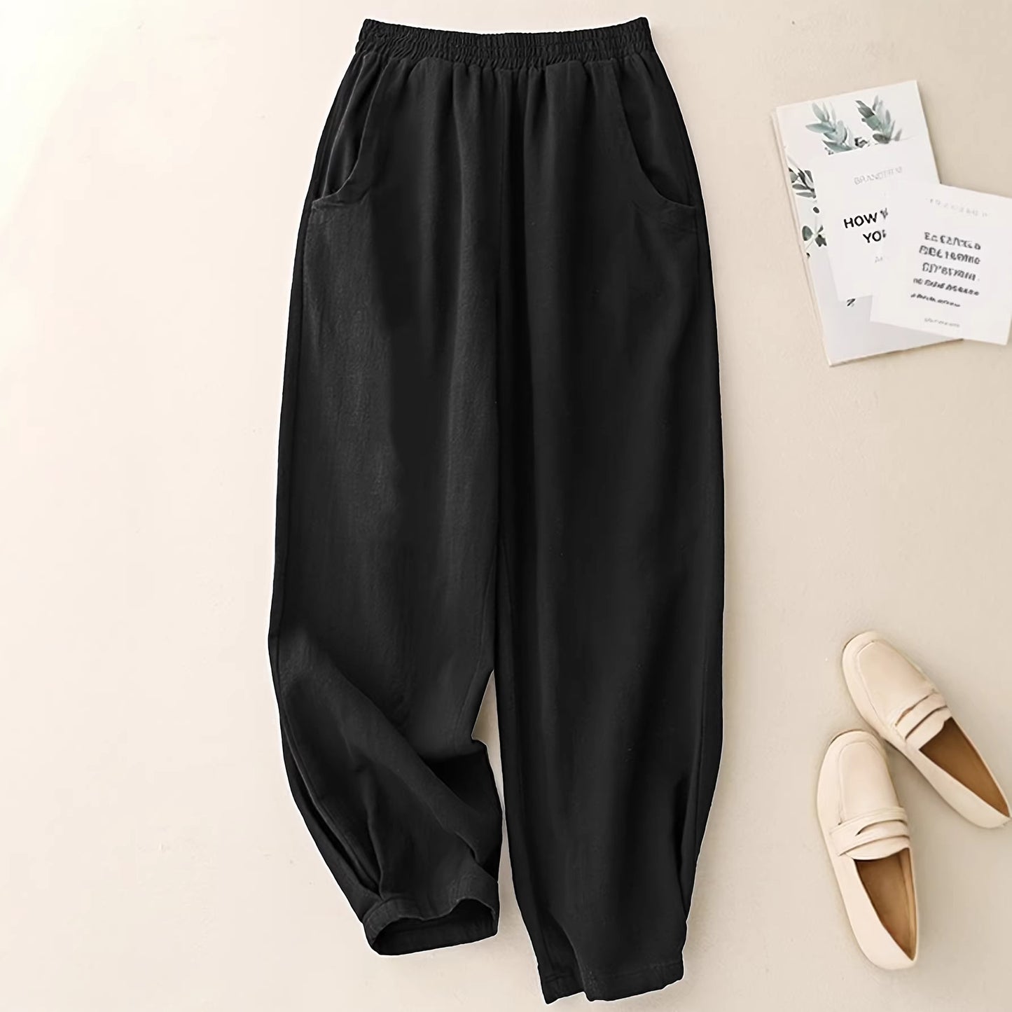 Navy Blue Cotton-Linen Ankle-Cinched Bloomer Pants For Women