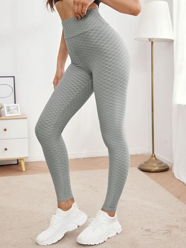 Pantalones de fitness de jacquard elásticos de cintura alta, ajustados para yoga y ejercicio