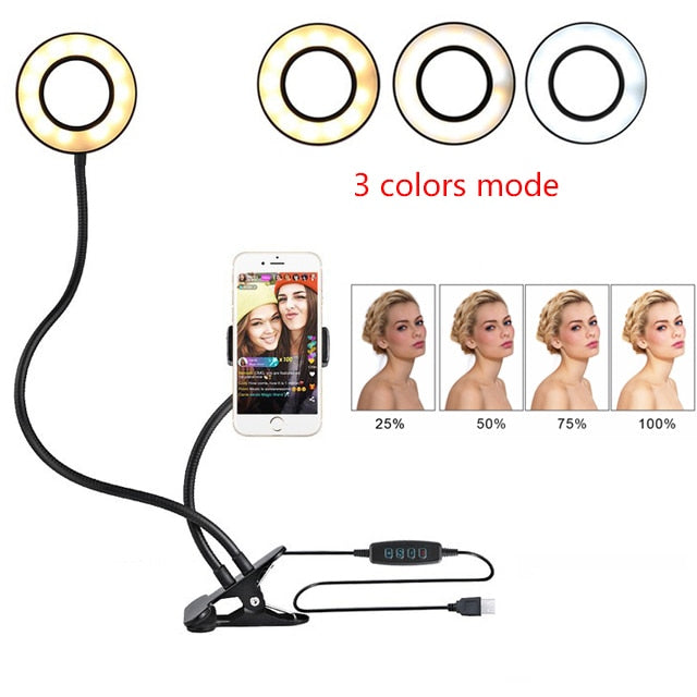 Anillo de luz LED para selfies para transmisión en vivo, luz de maquillaje ajustable con soporte de 8 cm