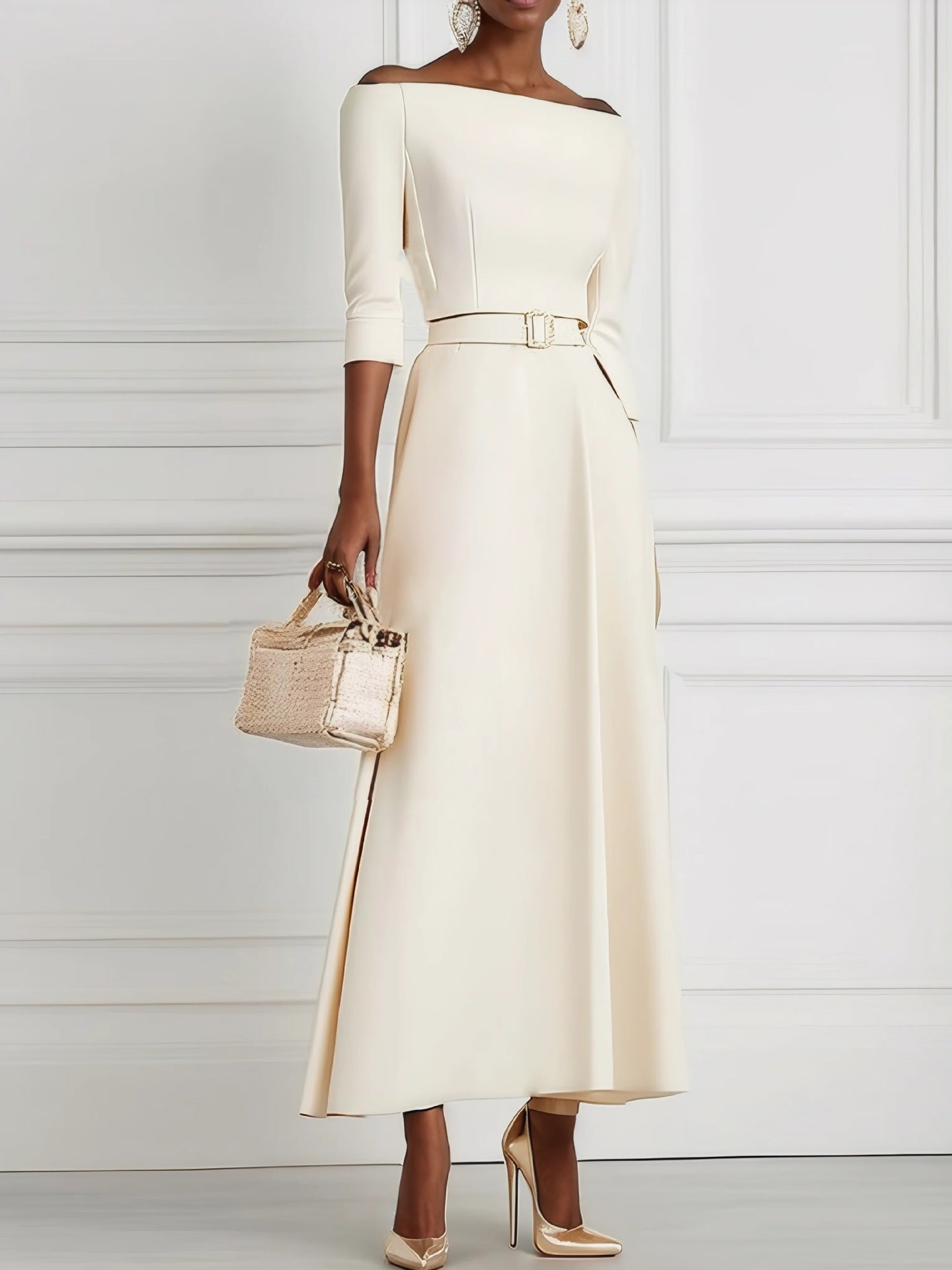 Solid Color Fashion Temperament Waist-controlled Off-shoulder Dress For Women
