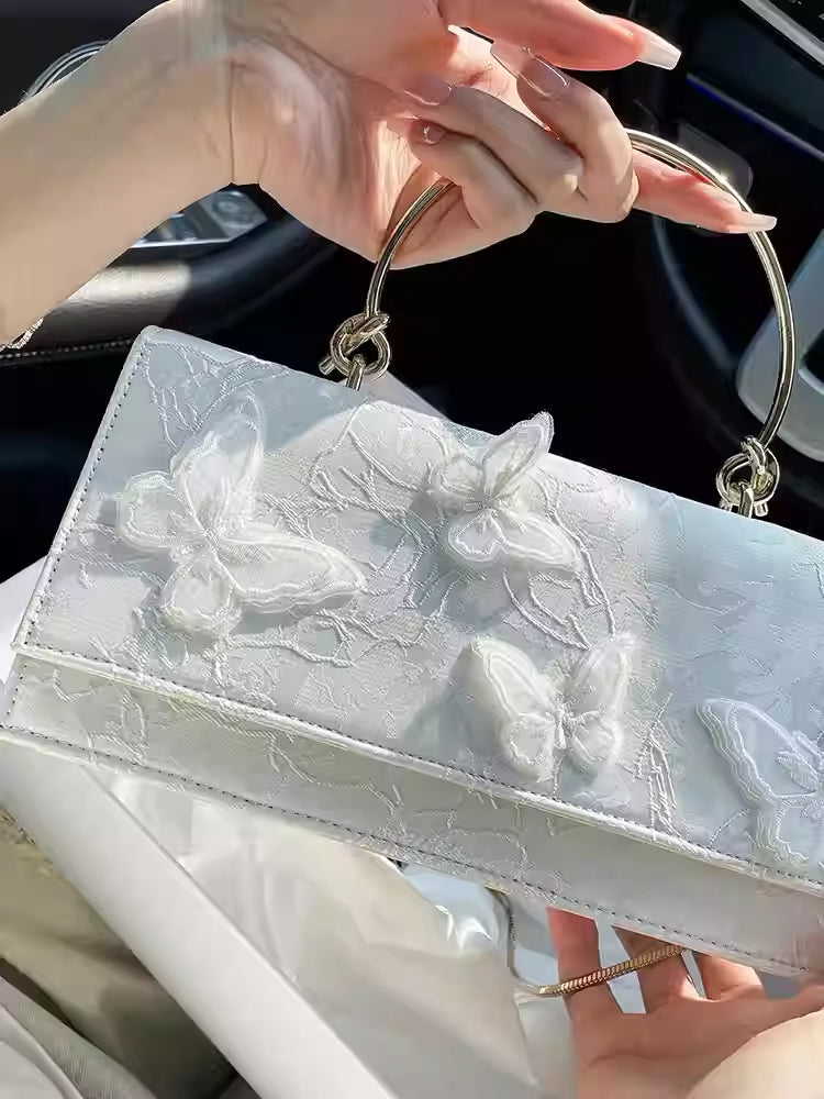 Bolso Cuadrado Pequeño Blanco "Niche Butterfly Love Flower" Bandolera