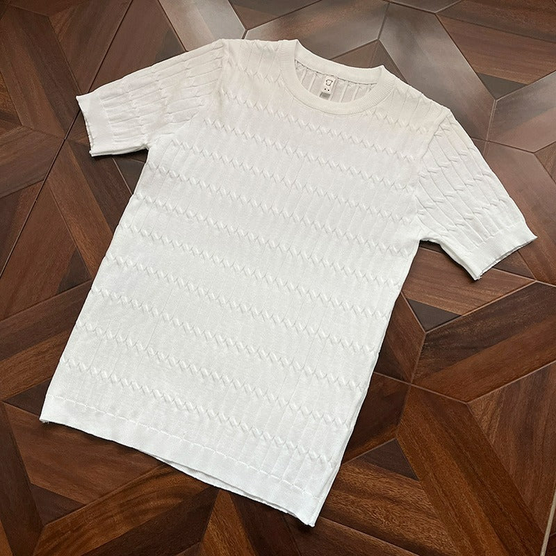 Thin Hollow-out Short-sleeve Knitted Shirt Mens Crew-neck T-shirt