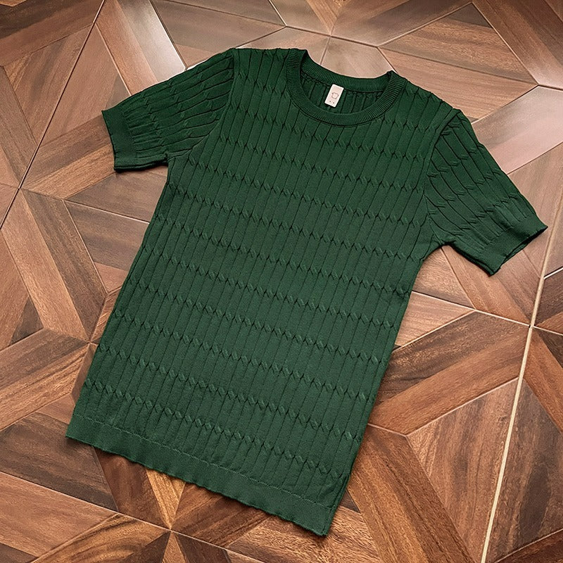 Thin Hollow-out Short-sleeve Knitted Shirt Mens Crew-neck T-shirt