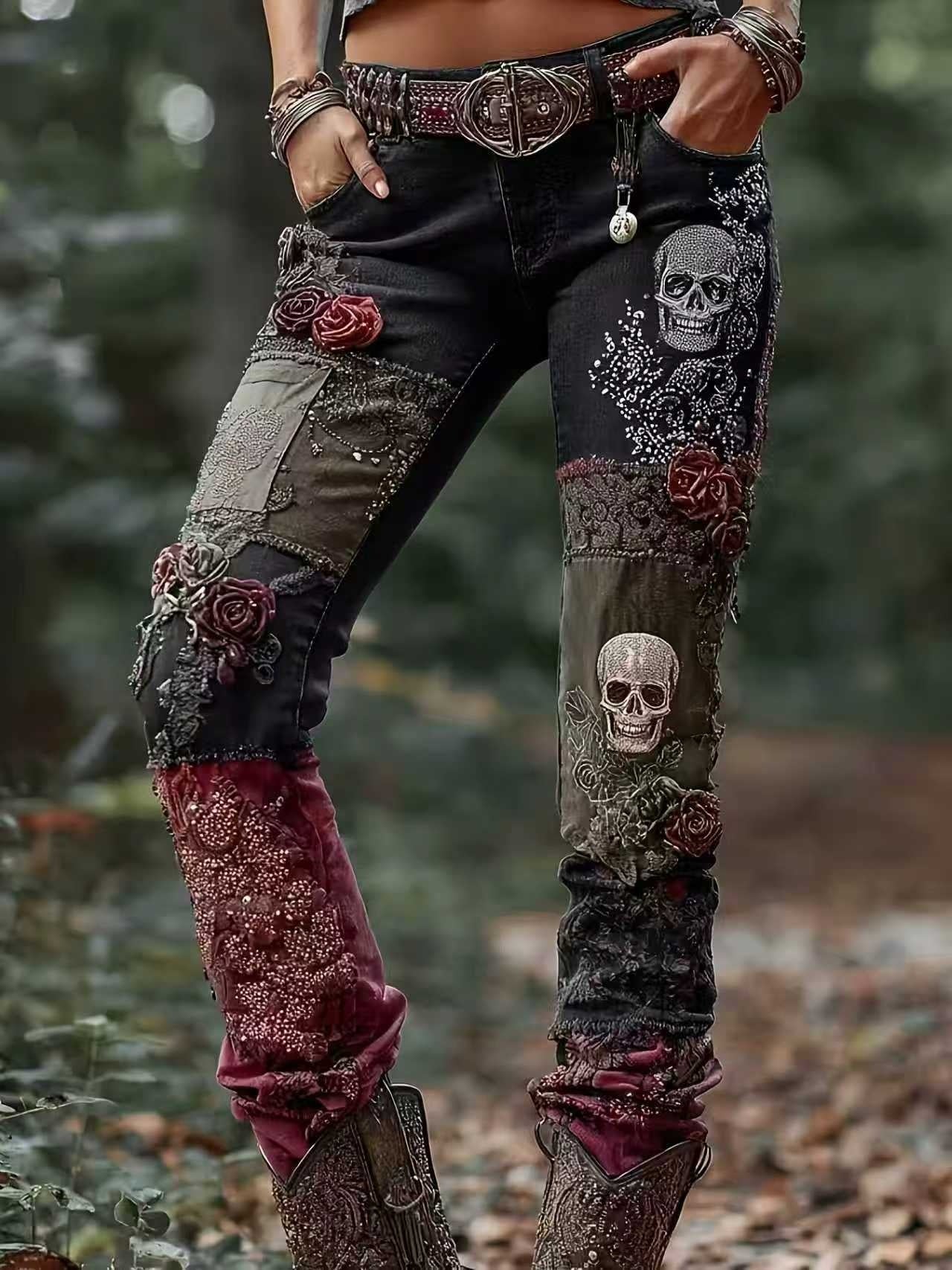 Vaqueros de mezclilla para mujer, pantalones de mujer con coloridos estampados florales en 3D
