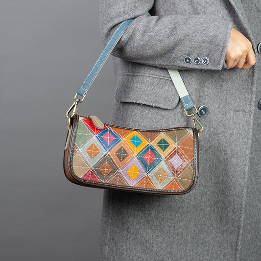 Bolso de Piel de Vaca de Diseño de Nicho, Bolso de Axila, Bolso de Hombro Vintage con Bloques de Color, Mini Bolso