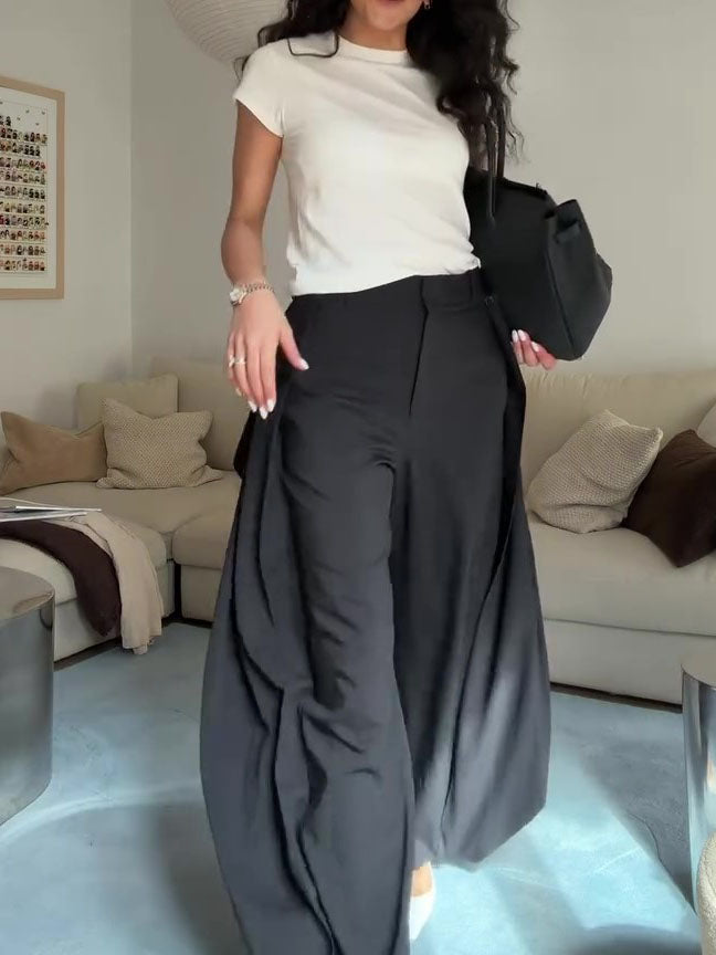 Pantalones de traje de pierna ancha con drapeado y cintura alta