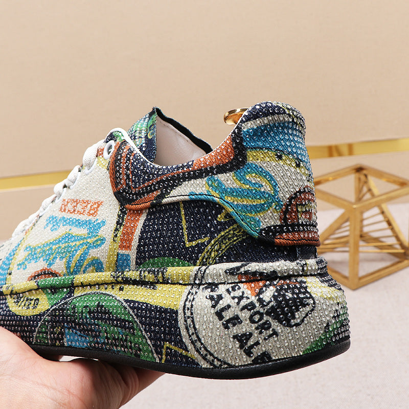 Zapatos de tabla con suela gruesa elevada y grafitis con pedrería para hombre