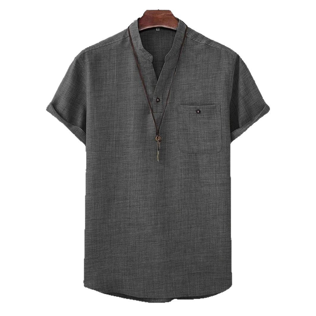Camisa de manga corta de color liso con cuello vuelto para hombre