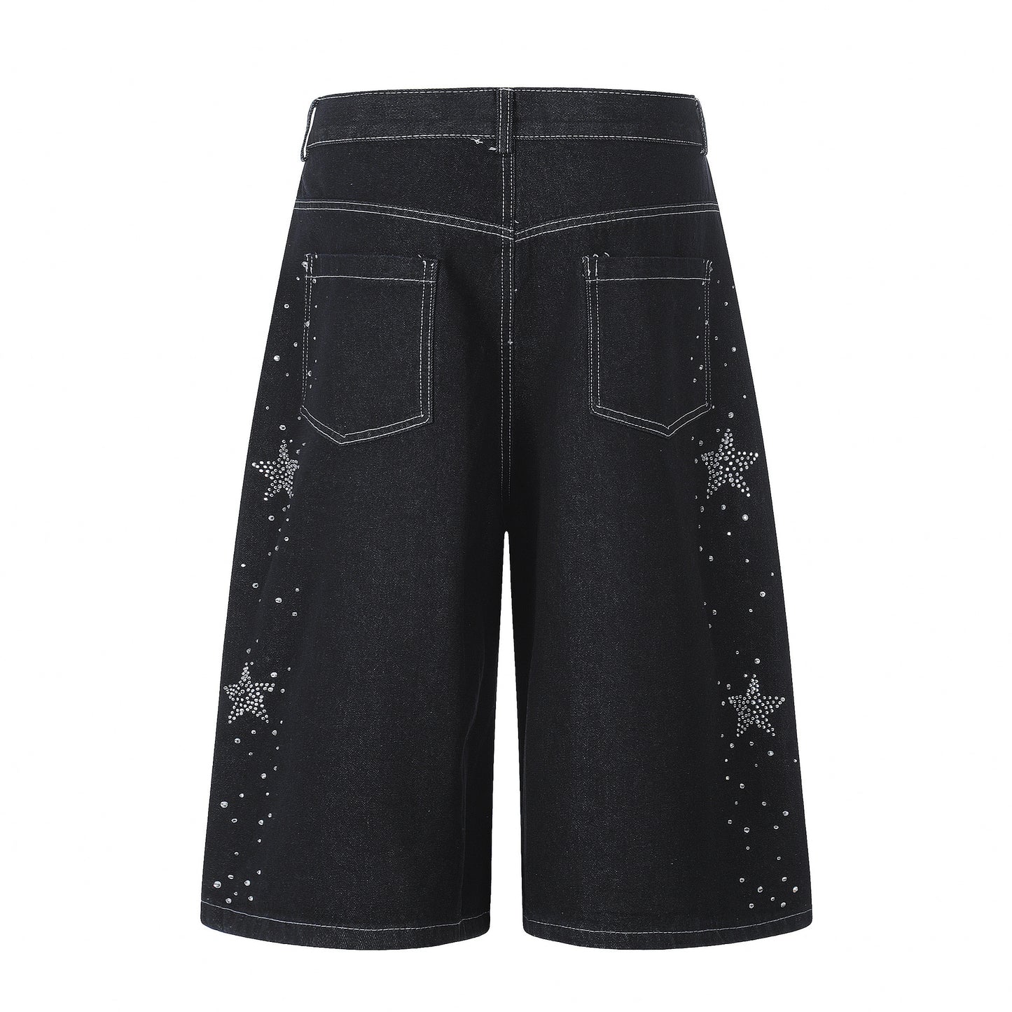 Star-shaped Rhinestone Embellished Capri Denim Shorts Womens Loose-fit