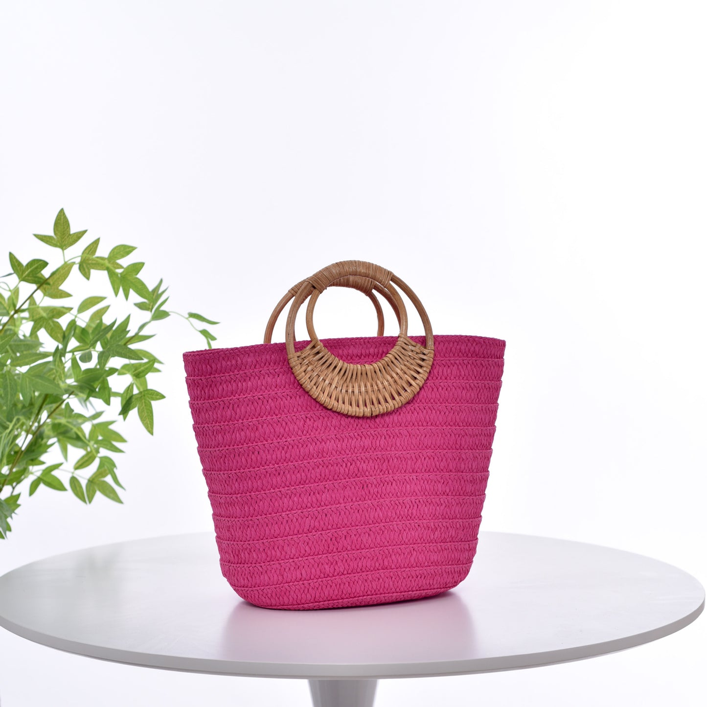 Bolso de mano de paja con diseño sencillo y asa redonda de gran capacidad para mujer