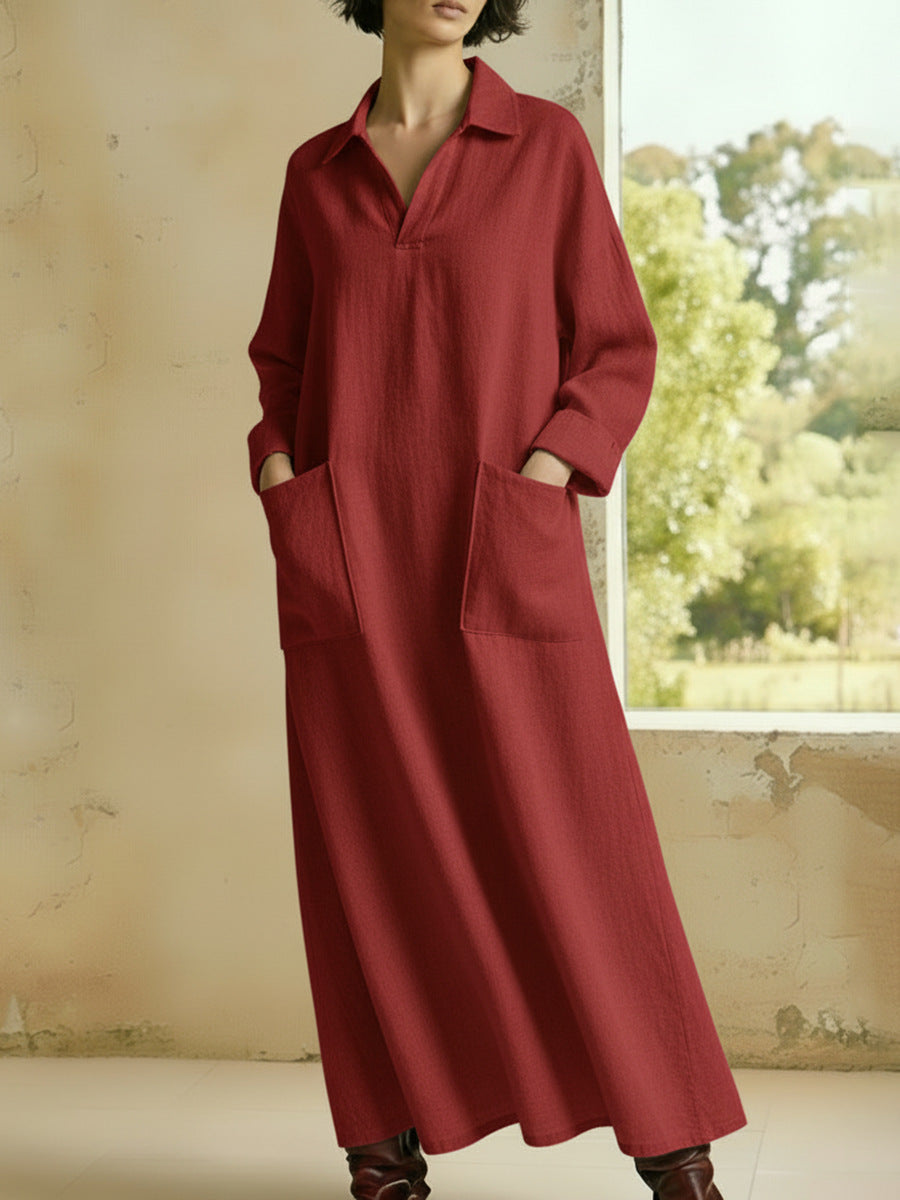 Vestido de manga larga informal con cuello alto, holgado y con bolsillos
