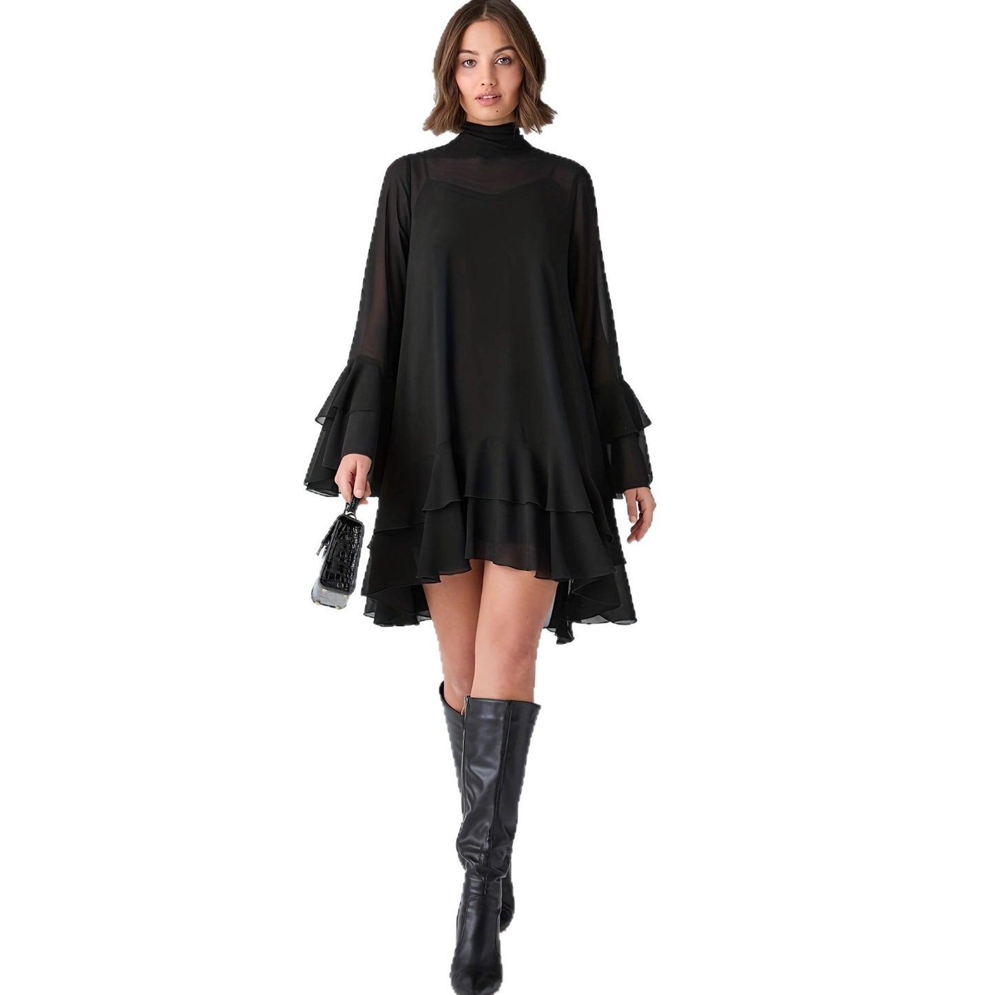 Vestido de gasa con cuello medio alto y mangas acampanadas