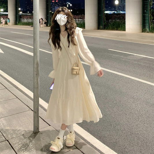 Nuevo vestido dulce de manga abullonada, vestido francés ajustado delicado