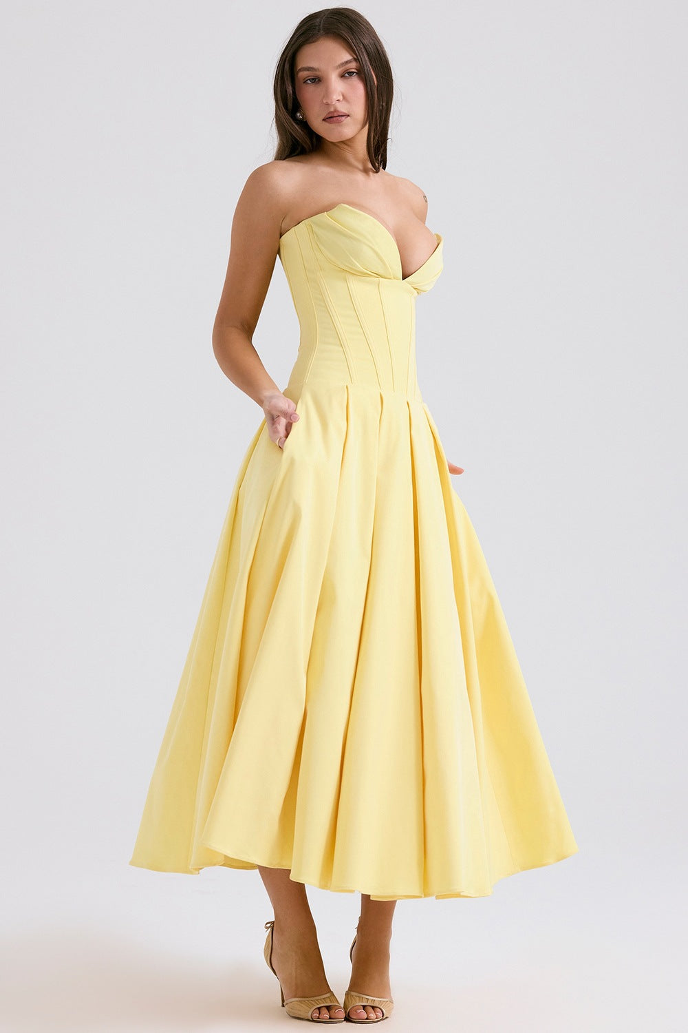 Solid-color V-neck Maxi-length Sleeveless Boned Bustier Elegant Sexy Figure-flattering Midi Dress