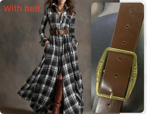 Vestido largo de manga larga con estampado a cuadros Ins, bolsillos de moda, cuello, botones, camisa, vestidos largos, ropa retro para mujer