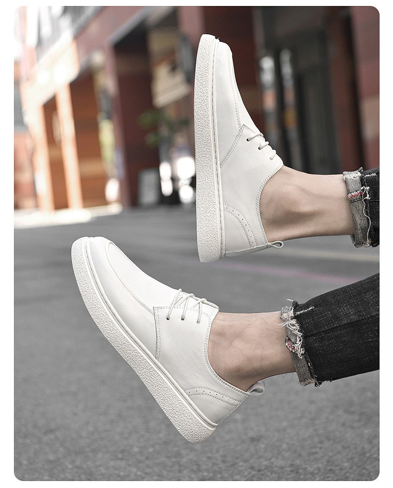 Zapatos Bajos Casuales de Cuero de Primera Capa para Hombre con Suela de Cuero y Punta Redonda Blancos