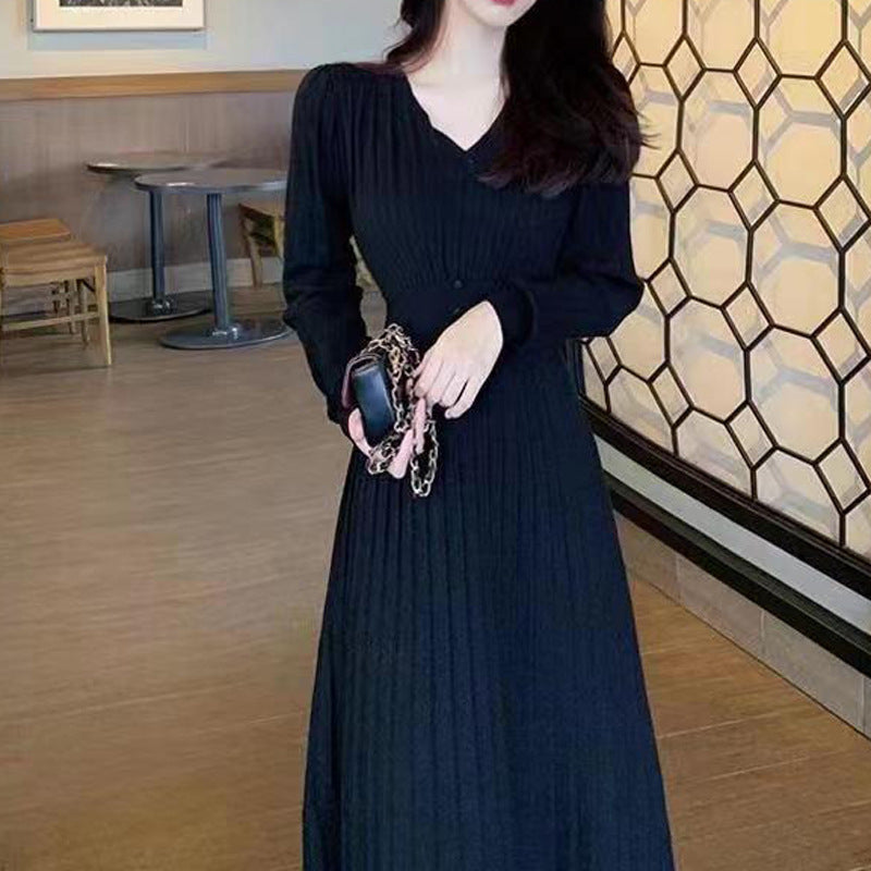 Vestido de mujer de manga larga con cuello de pico y cintura alta