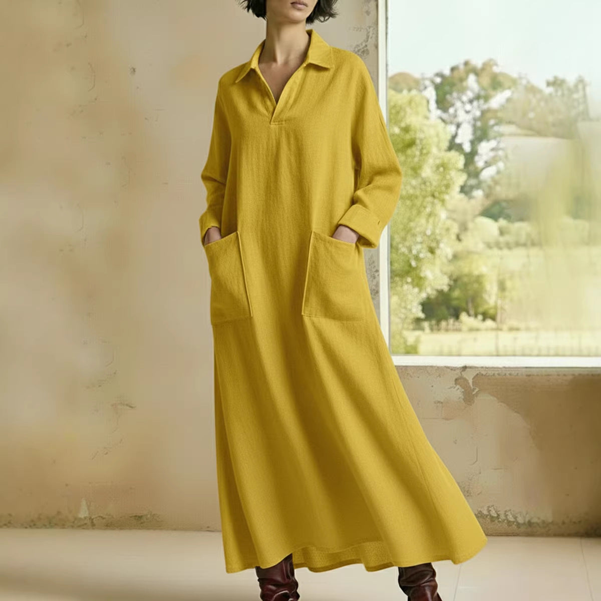Vestido de manga larga informal con cuello alto, holgado y con bolsillos