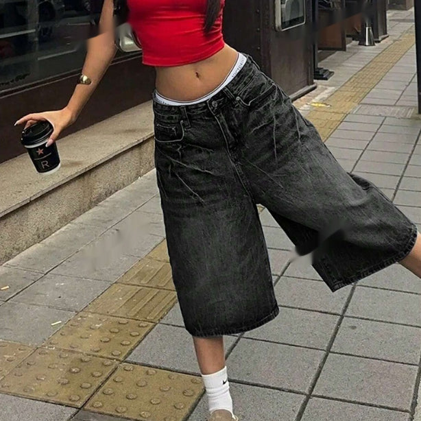 Womens Retro Washed Cropped Denim Jeans