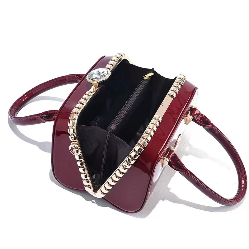 Bolso de mujer elegante y sencillo con adornos de diamantes de cuero brillante, embrague de noche multifuncional