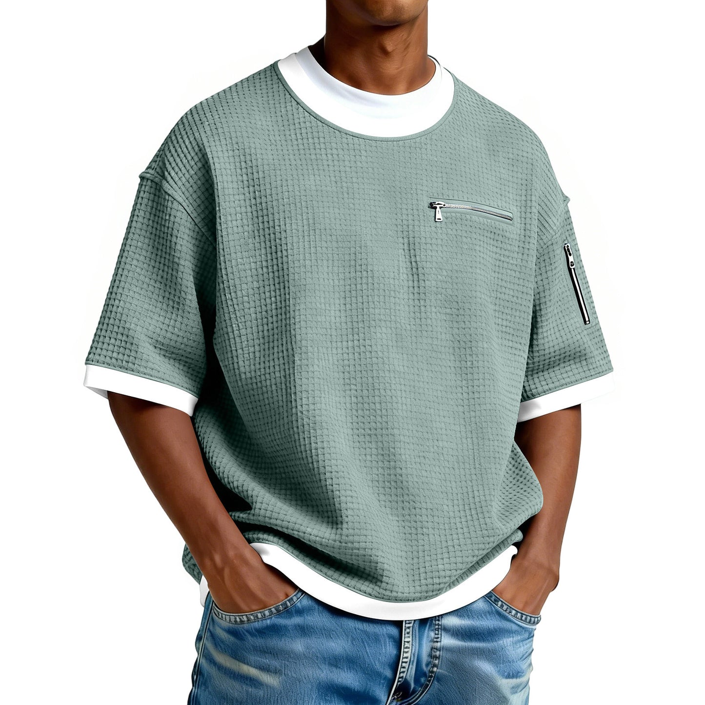 Men's Crew-Neck Contrast-Colored Casual T-Shirt
