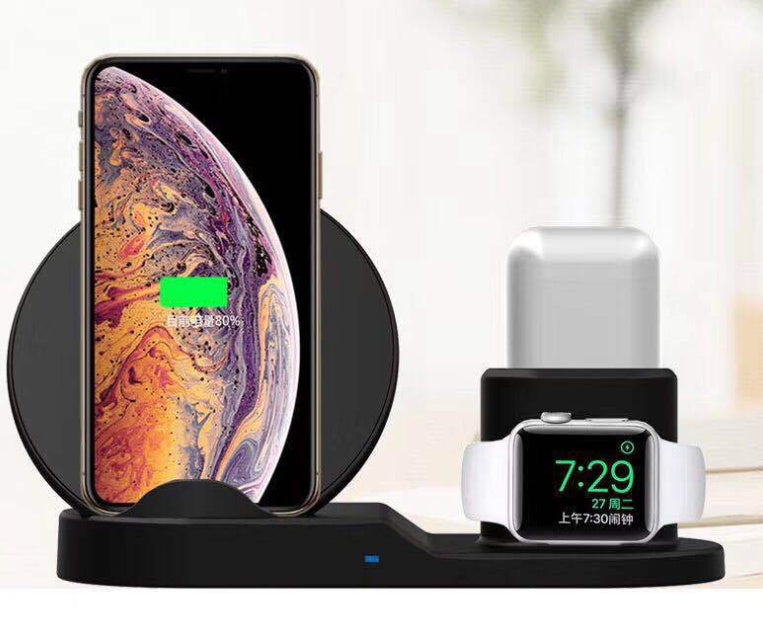 Cargador inalámbrico para teléfono móvil 3 en 1 con soporte para reloj y auriculares