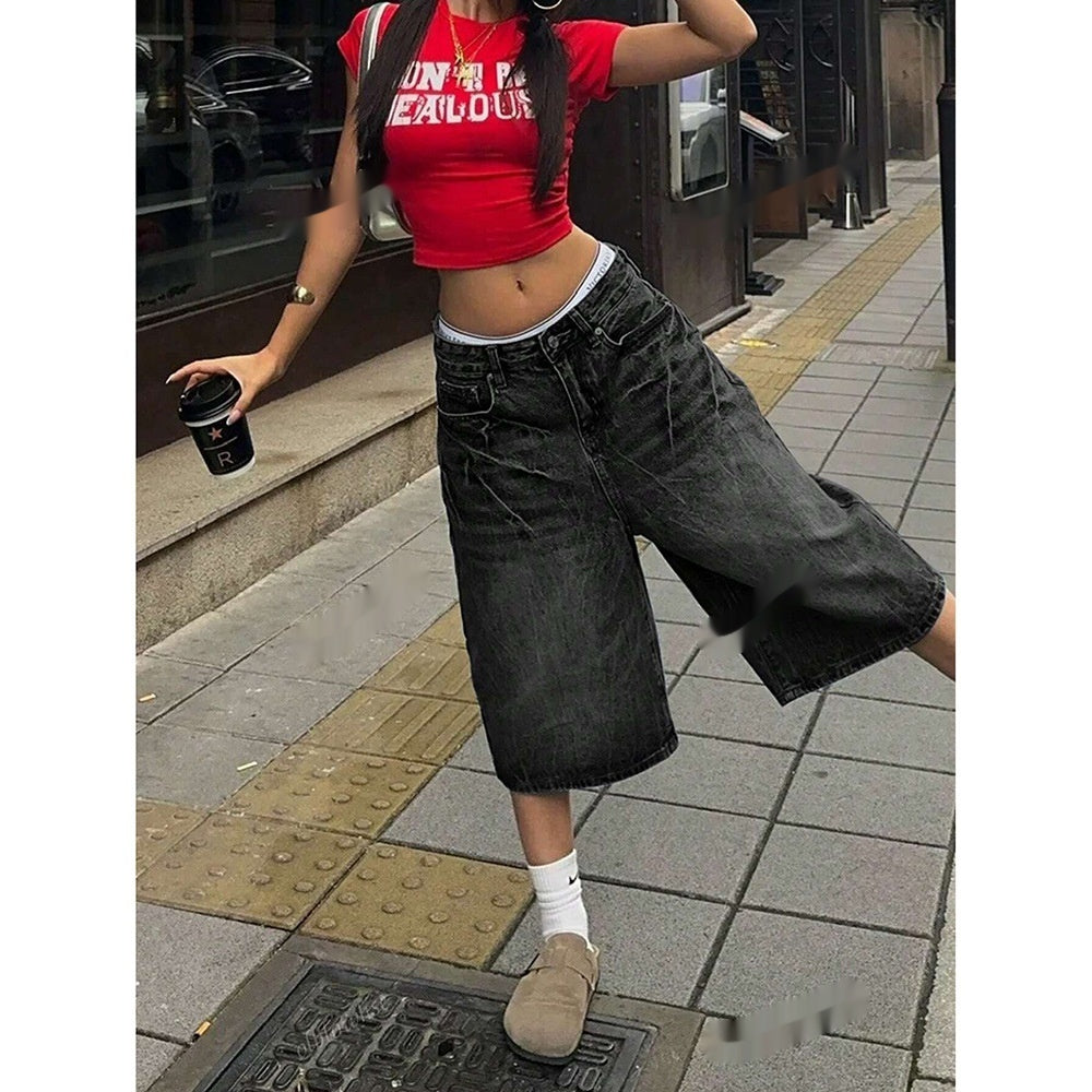 Womens Retro Washed Cropped Denim Jeans