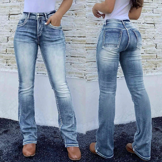 Vaqueros retro elásticos con parches bordados y efecto lavado