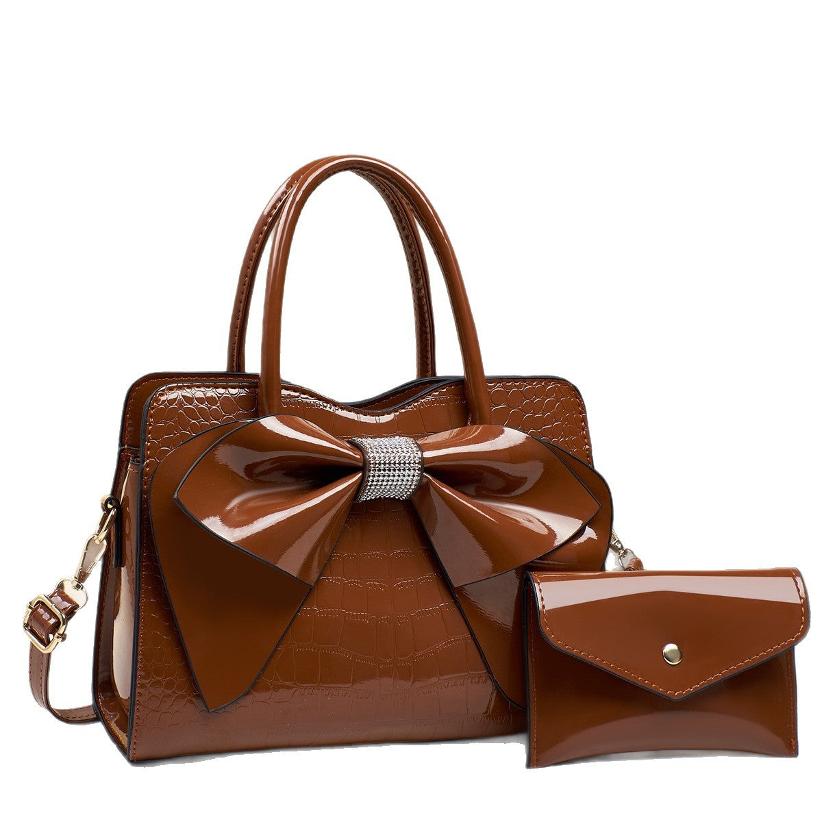 Bolso cubo con lazo y estampado de cocodrilo de charol brillante para llevar cruzado
