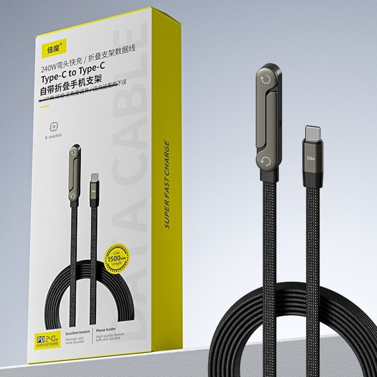 Cable de datos con soporte plegable de carga rápida 2 en 1 Cable de datos Soporte plegable para teléfono/tableta Tipo C a Tipo C USB-A a Tipo C