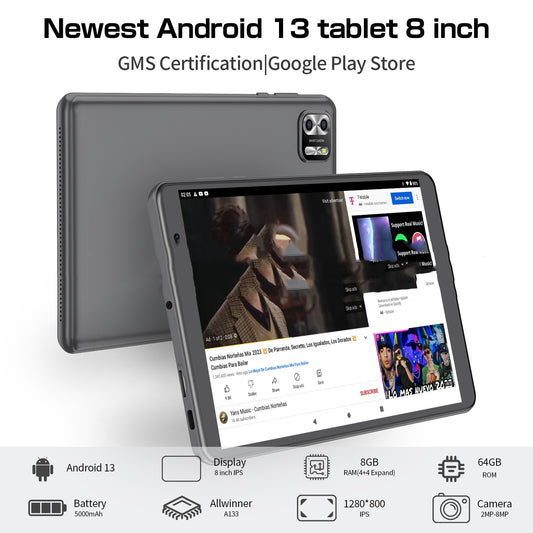 Tableta de 8 pulgadas con ocho núcleos, sistema Android 13, gran capacidad de 64 GB