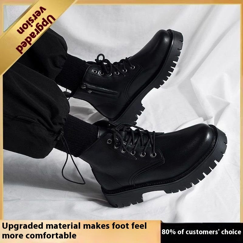 Zapatos de cuero negros de hombre de caña alta con cremallera lateral, botines tipo worker con alza