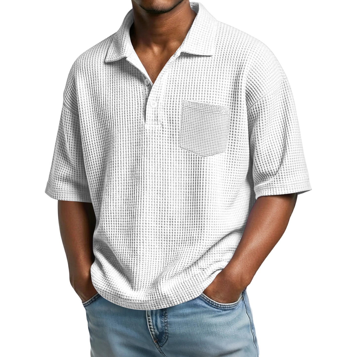 Polo de hombre de manga corta con solapa, tejido waffle y color liso