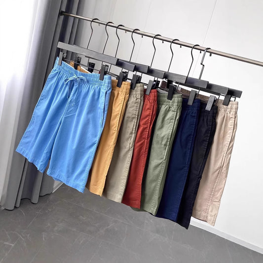 Quick-drying Pure Cotton Elastic Waist Cropped Pants Mens Solid Color Casual Shorts