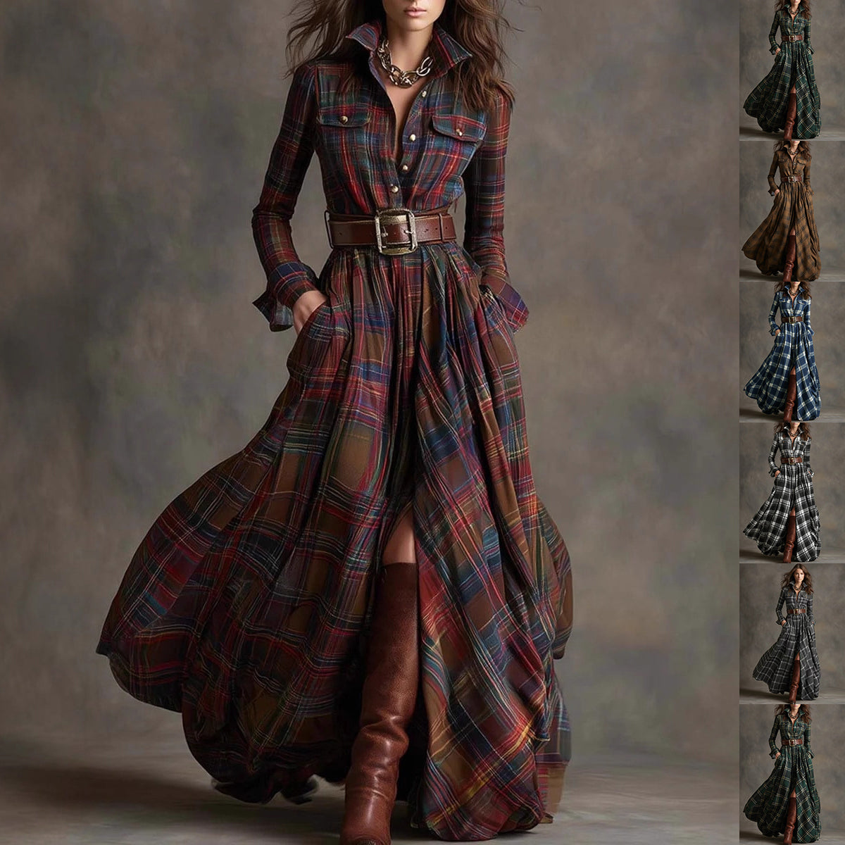 Vestido largo de manga larga con estampado a cuadros Ins, bolsillos de moda, cuello, botones, camisa, vestidos largos, ropa retro para mujer