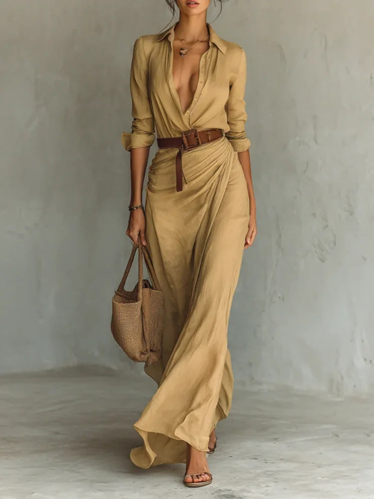 Vestido largo irregular con cinturón, camisa de manga larga con solapa de botones, moda elegante, uso diario para la oficina, ropa para mujer.