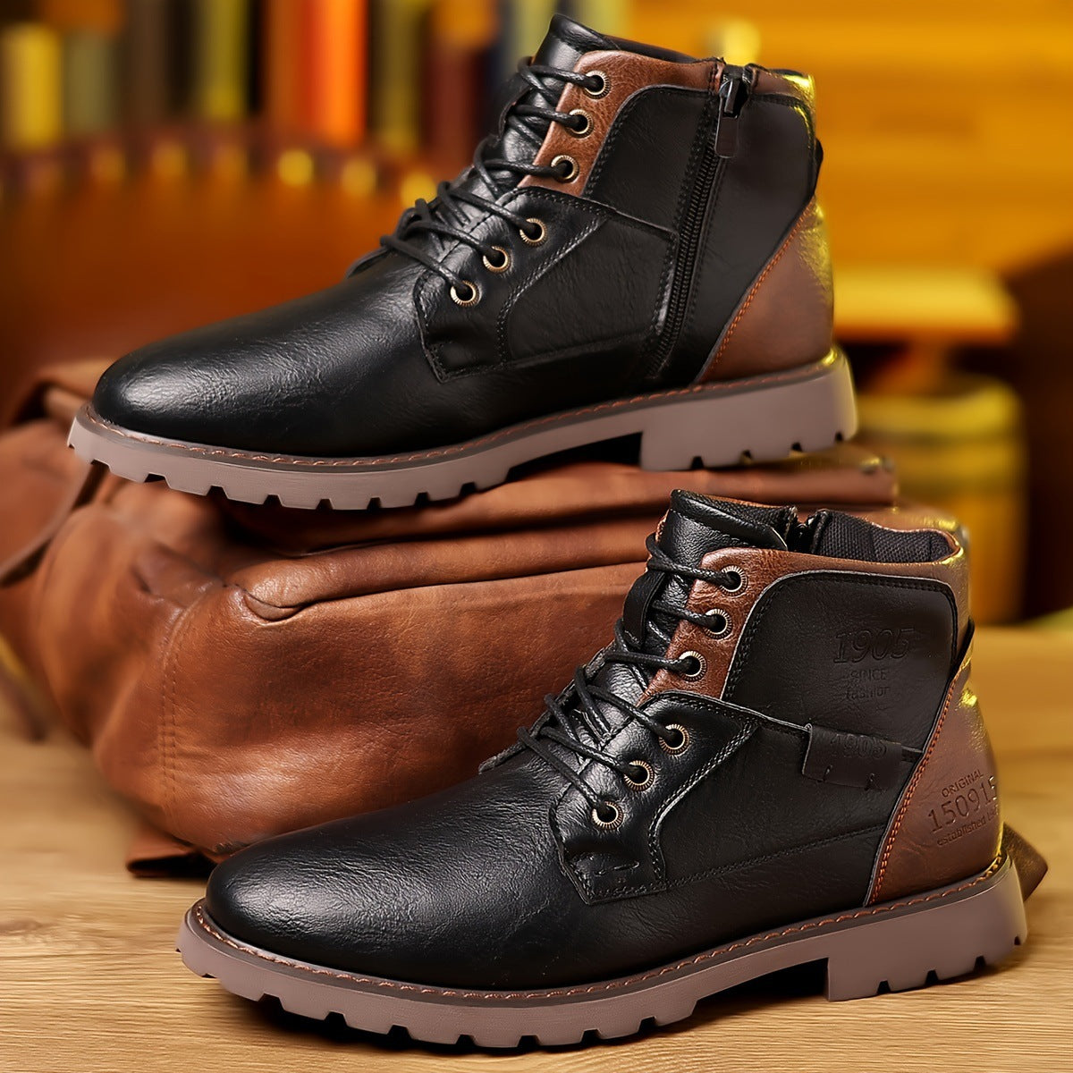 Botas de cuero de caña media con cremallera lateral, informales, para hombre, con combinación de colores