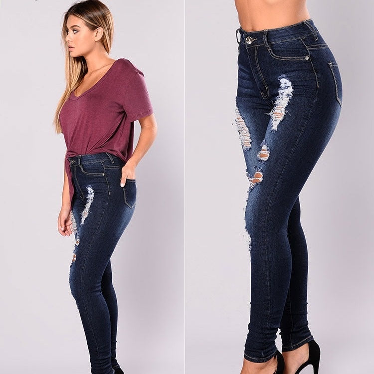 Stretchy Washed Distressed Ripped Denim Jeans