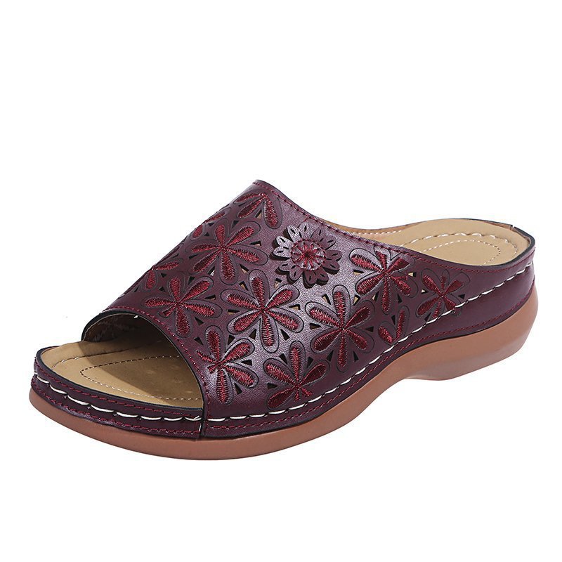 Sandalias de cuña huecas con boca de pez y flores, sandalias y zapatillas para mujer