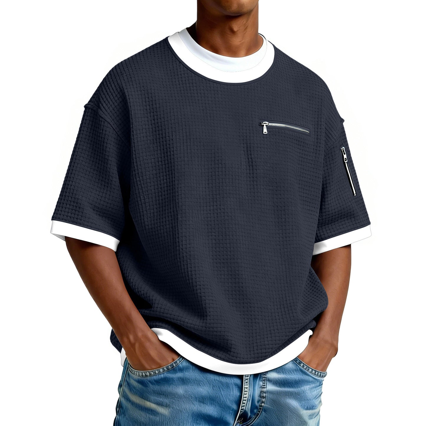 Men's Crew-Neck Contrast-Colored Casual T-Shirt