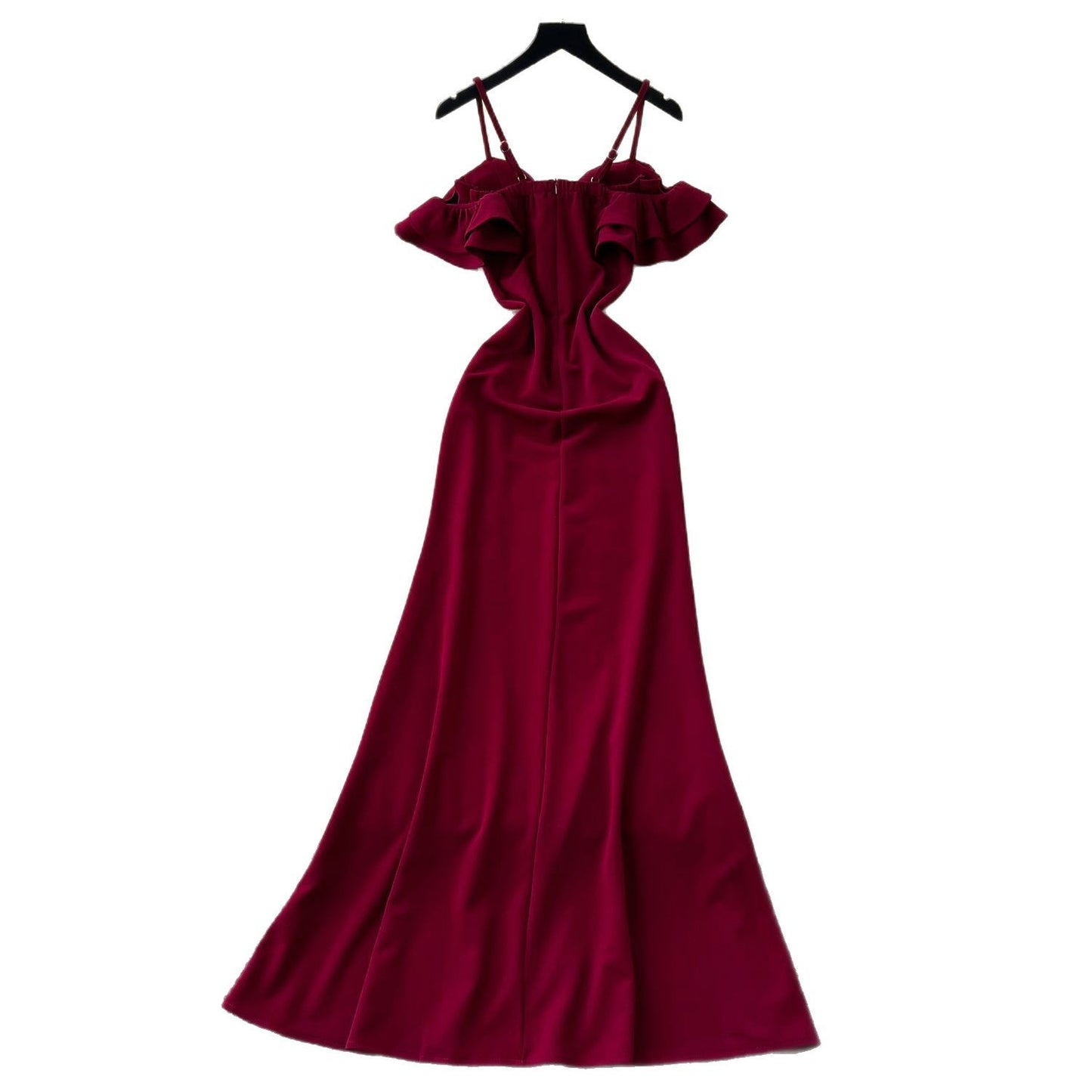 Off-the-shoulder Strap Mesh Patchwork Waist-cinched Slit Dress