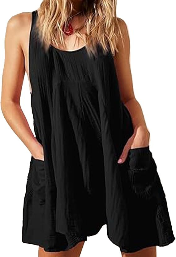 Sleeveless Crewneck Backless Mini Dress Loose-fit Tank Dress With Pockets