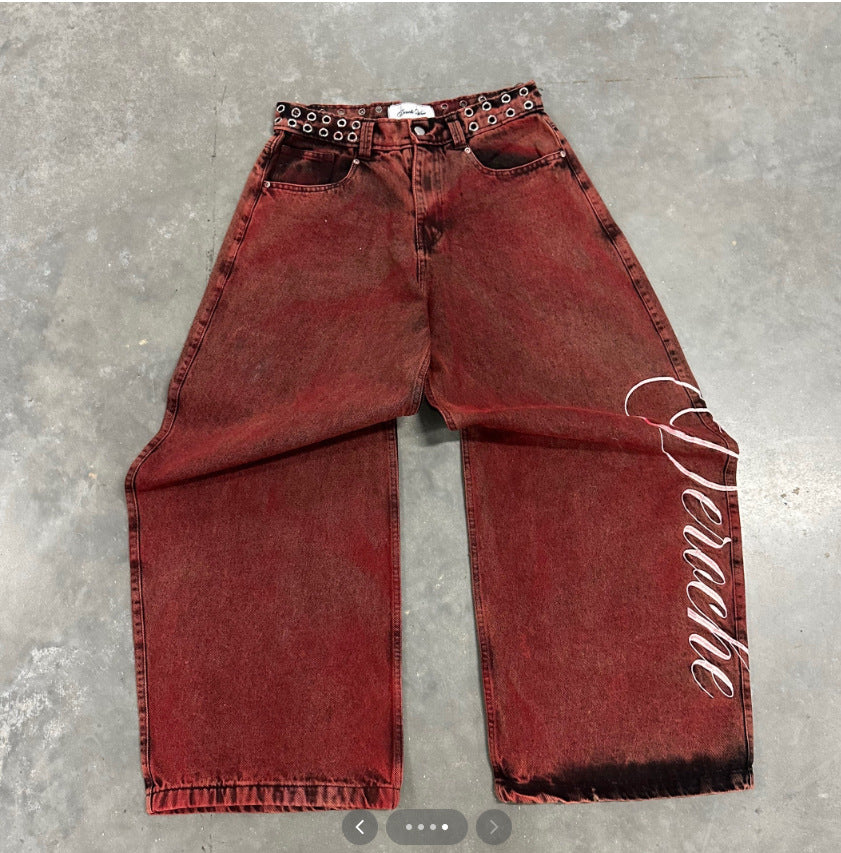 Y2K Letter-embroidered Rivet Belt Washed Vintage Jeans