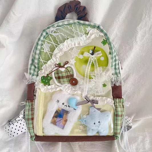 Mochila de gran capacidad de lona a cuadros con retazos de colores contrastantes