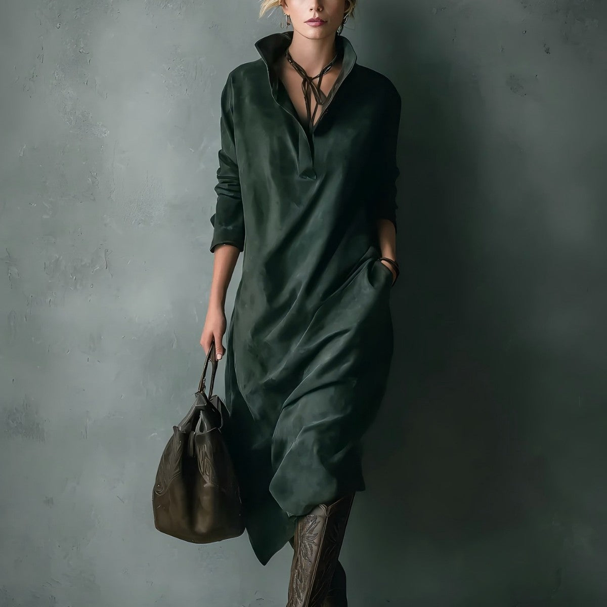 Suede Loose Casual Solid Color Long Sleeve Mid-length Dress